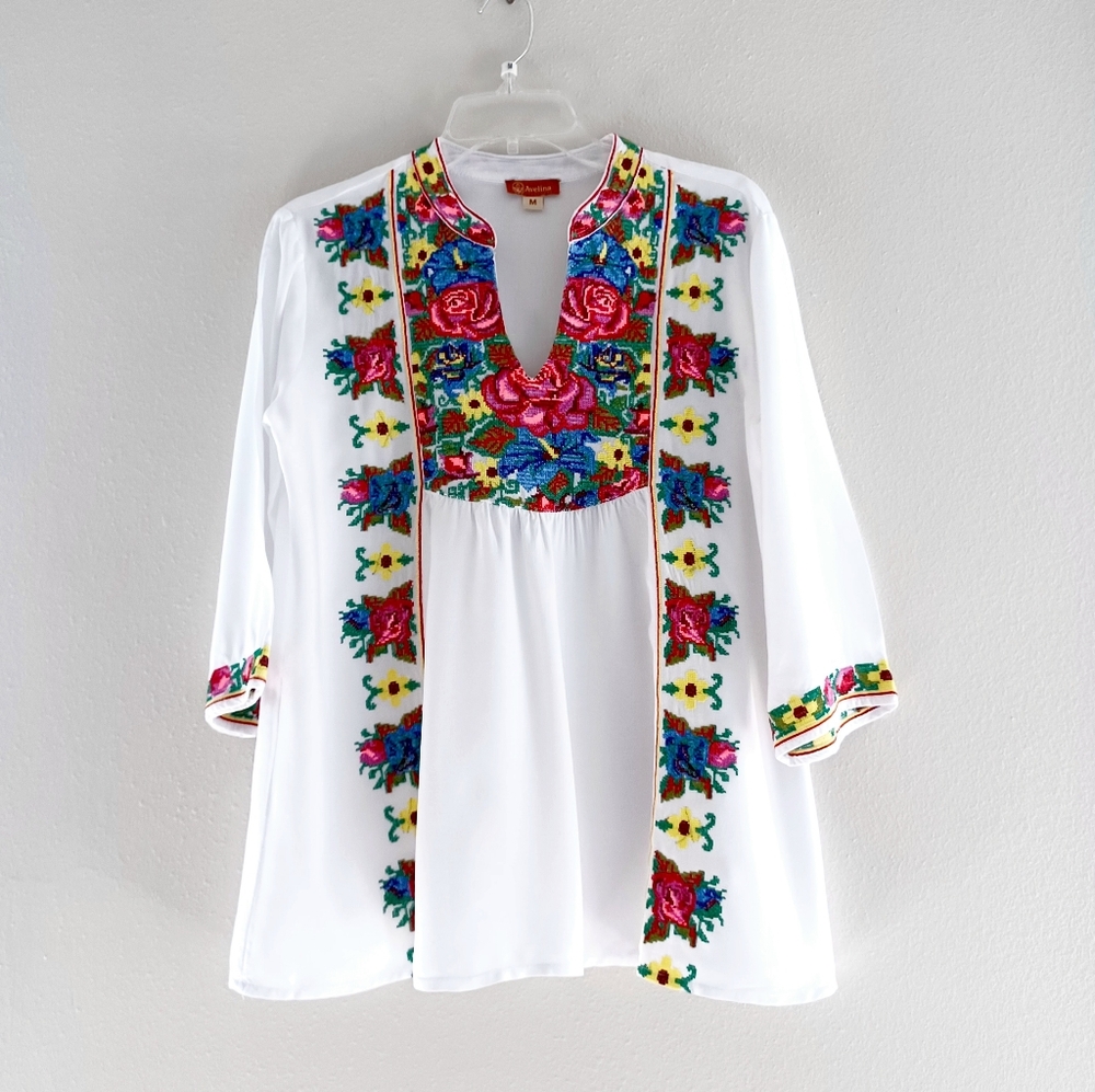 Bohemian Floral Embroidered White Blouse From Avelina, Size S - Picture 5 of 16